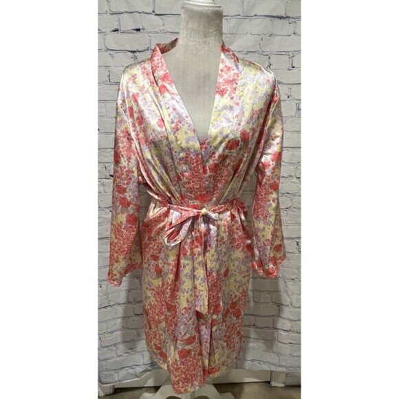 Adonna Vintage Satin Nightgown & Robe Pink Floral Silky Belted Size Large - Picture 12 of 16